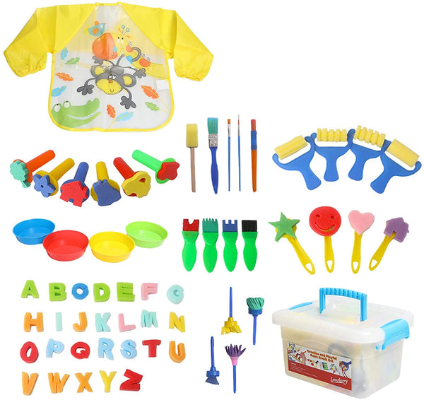Lumsburry 59 esponjas de aprendizaje temprano para niños, kit de mini pinceles de pintura con 26 alfabetos ingleses, herramientas de dibujo (con delantal y caja) - Arteztik