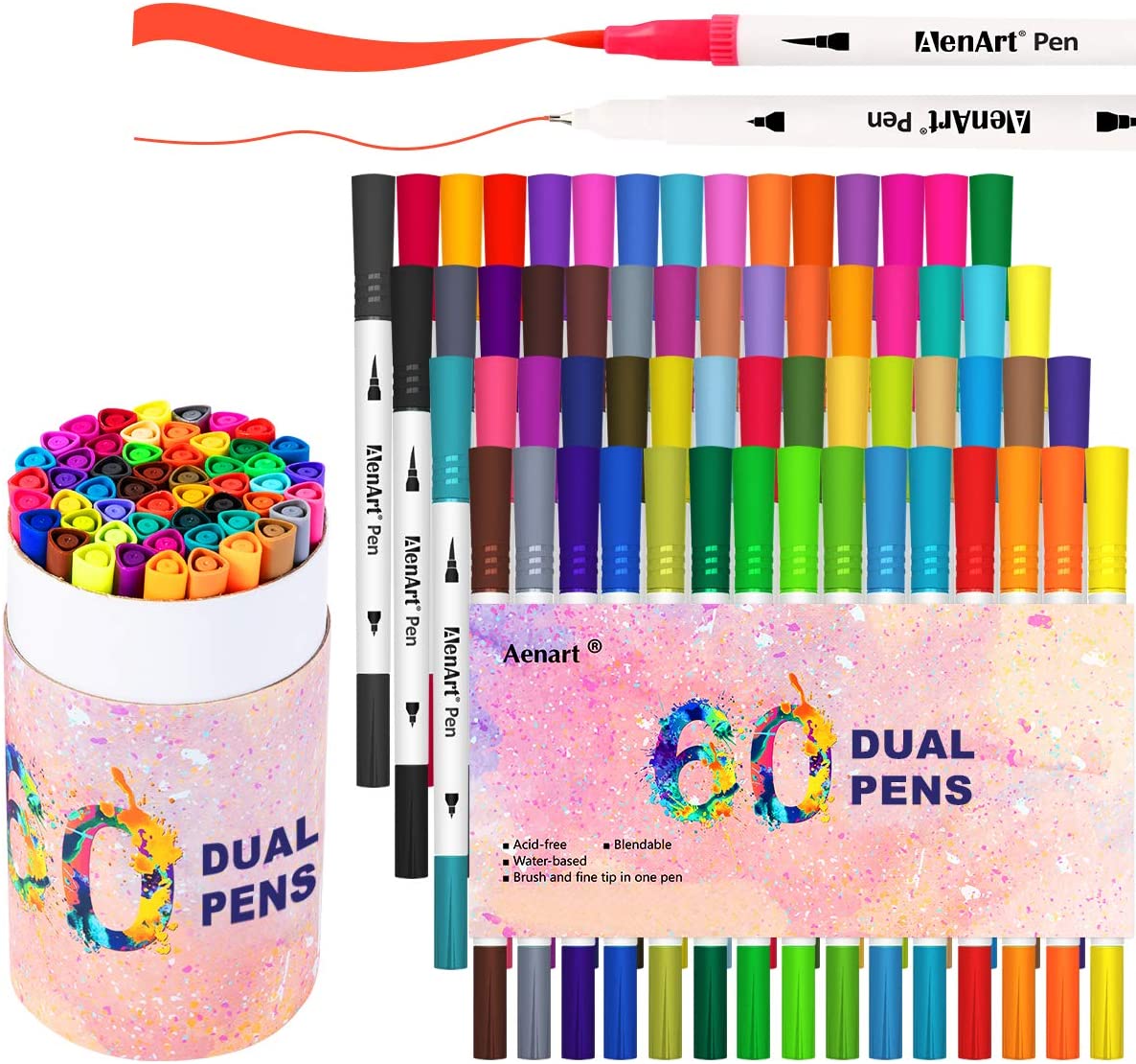 Ohuhu Art Marcadores de doble punta para colorear Pincel Fineliner  Rotuladores de color, 60 colores de marcador a base de agua para caligrafía  Dibujo