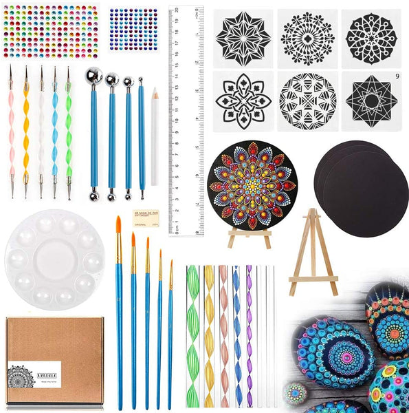 Juego de herramientas de punteado de mandala con 4 cartones, 40 piezas de suministros profesionales, kit de herramientas que incluye 6 plantillas de plantilla, mini caballete, bandeja de pintura para pintar rocas, colorear, dibujar y dibujar - Arteztik