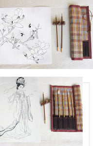 Shanlian Hubi - Juego de pinceles de pintura, pinceles de acuarela, pinceles de caligrafía china Kanji, pinceles de dibujo japoneses, 8 piezas, juego de pinceles de bambú + soporte para pinceles de bambú enrollables - Arteztik
