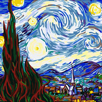 Mural de pared arte pintura por números DIY acrílico Kit de pintura para niños y adultos principiante – 16 x 20 pulgadas Van Gogh cielo estrellado con 3 cepillos y colores brillantes - Arteztik

