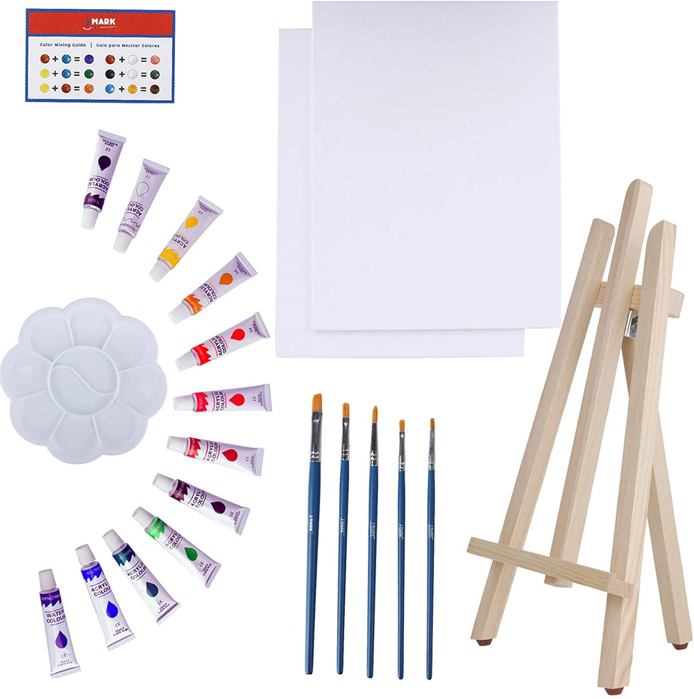 Kit de pintura de lienzo de 22 piezas con caballete de madera, lienzos de 8 x 10 pulgadas, 12 pinturas lavables no tóxicas, 5 pinceles, paleta y guía de mezcla de colores - Arteztik