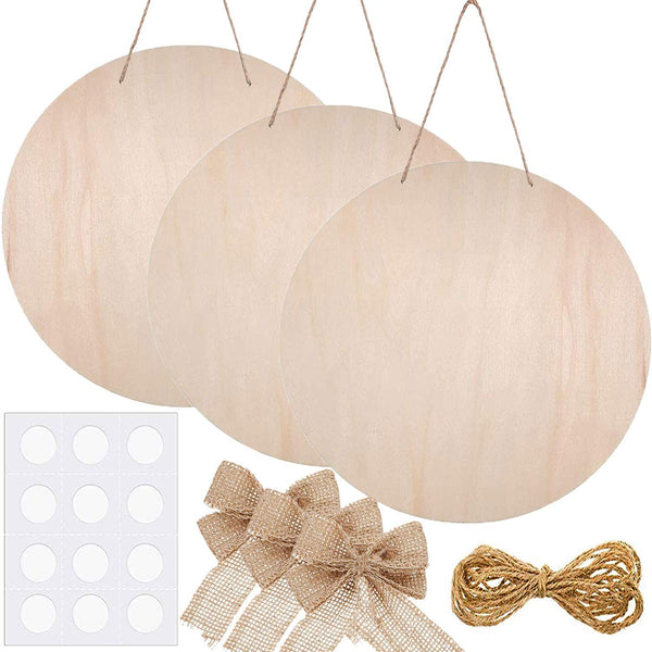 Juego de 3 rebanadas de madera en blanco para decoración de puerta delantera, cartel de madera sin terminar, con cordel y 3 lazos, 12 cintas transparentes para manualidades y decoración de Navidad - Arteztik