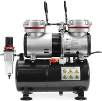 PointZero Compresor de aerógrafo de doble pistón 1/3 HP con tanque de aire, regulador, medidor y trampa de agua – silenciosa bomba profesional - Arteztik
