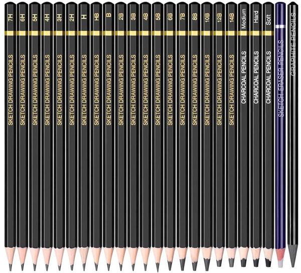 Sketching Pencil Set - 24 Pieces Drawing Sketch Pencil HB,B,2B,3B,4B,5B,6B,7B,8B,10B,12B,14B,H,2H,3H,4H,5H,6H,7H, Includes Charcoal, Eraser, Graphite Pencils for Beginners & Pro Artists - Arteztik