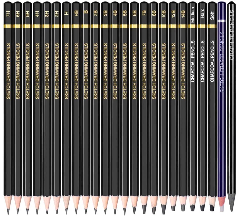 Sketching Pencil Set - 24 Pieces Drawing Sketch Pencil HB,B,2B,3B,4B,5B,6B,7B,8B,10B,12B,14B,H,2H,3H,4H,5H,6H,7H, Includes Charcoal, Eraser, Graphite Pencils for Beginners & Pro Artists - Arteztik