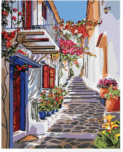 Måla | Premium Greece Pintura por números para adultos | Lienzo enrollado (sin arrugas) | 16.0 x 20.0 in | Pintura acrílica por número Kit sobre lienzo, colores vibrantes | Greece Stairway - Arteztik