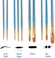 Heartybay set de 10 pinceles de pelo de nailon con punta redondeada, azul - Arteztik
