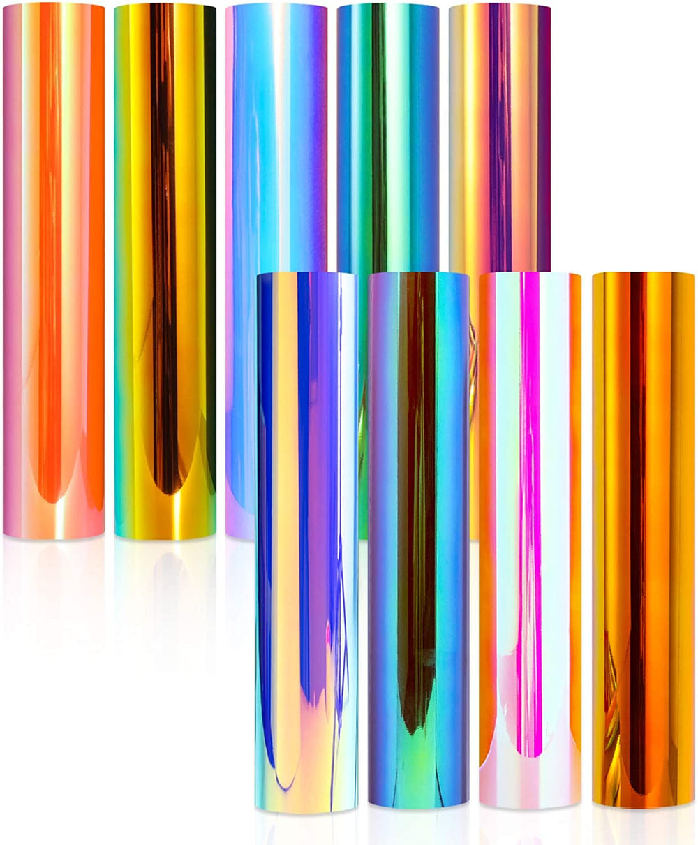 Paquete de vinilo autoadhesivo holográfico de 12.0 x 12.0 in, hojas de vinilo adhesivo en 9 colores surtidos para cortadores de artesanía, letras/calcomanías (con 1 papel de transferencia) - Arteztik