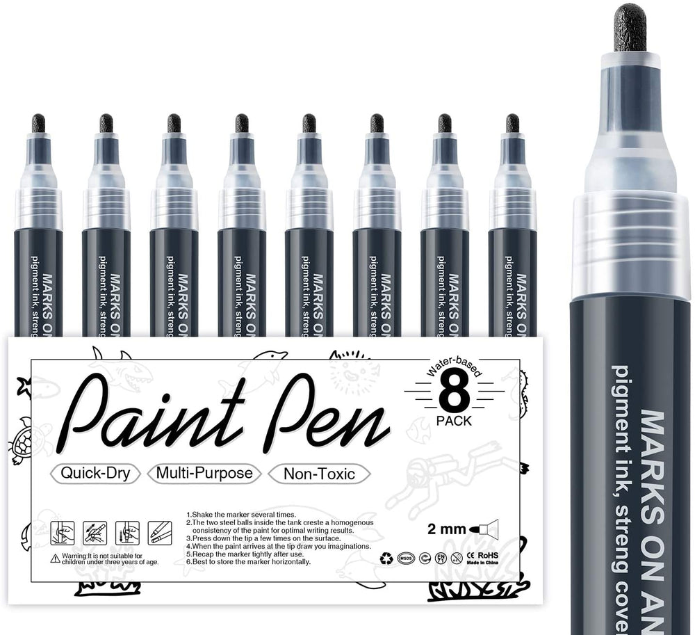 Bolígrafos de pintura acrílica negra – Paquete de 8 rotuladores de pintura negra, bolígrafos de pintura acrílica para pintura de roca, madera, metal, metal, cerámica, graffiti, papel, dibujo, calabazas de plástico, juegos de pintura acrílica a base de agu - Arteztik