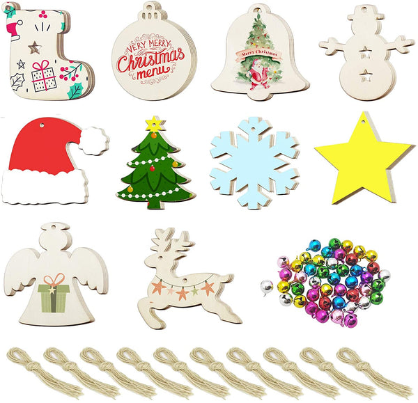 50 adornos de madera de Navidad sin terminar, 10 estilos sin terminar arte adornos de madera conjunto con 50 cascabeles de colores DIY manualidades para decoración de vacaciones - Arteztik