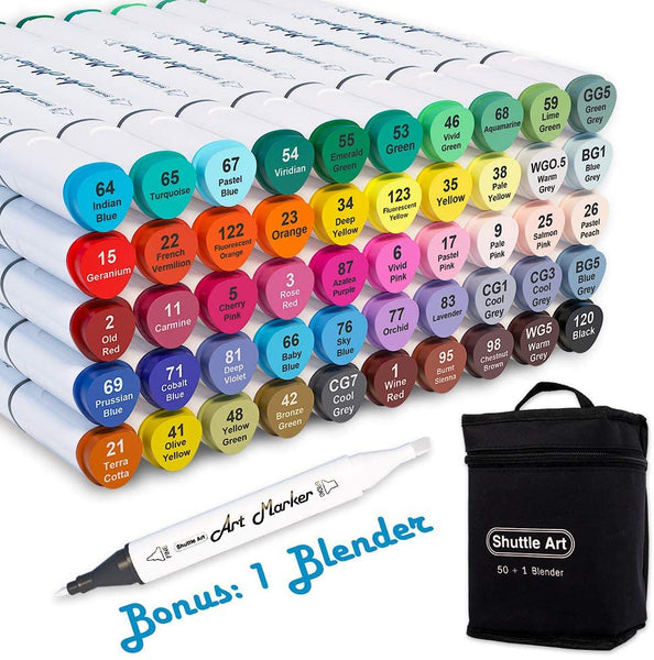 Shuttle Arte 50 marcadores de colores de doble punta para arte, marcadores permanentes, marcadores fluorescentes con caso perfecto para dibujar y colorear ilustraciones para adultos y tarjetas de felicitación - Arteztik