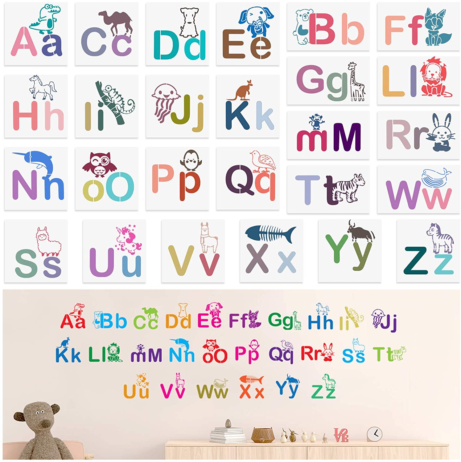 Plantillas de letras para pintar sobre madera, plantillas reutilizables y  lavables del alfabeto con letra de caligrafía, letras superiores y