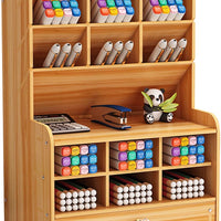 Marbrasse Wooden Pencil Pen Holder, Pen Organizer for Desk, 15 Compartments + Drawer, Desktop Stationary Organizer Caddy, Easy Assembly, Home Office Art Supply Organizer Storage (Black) - Arteztik