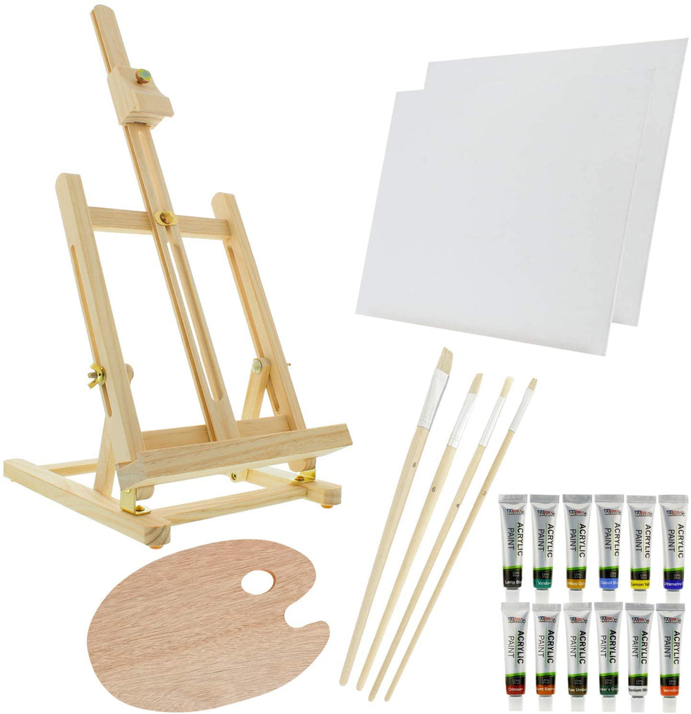 US Art Supply 21 piezas Studio caballete de mesa de madera y pintura Box Set con paneles de 12 colores de pintura, lona, pinceles, paleta de madera (Pintura Acrílica Kit) - Arteztik