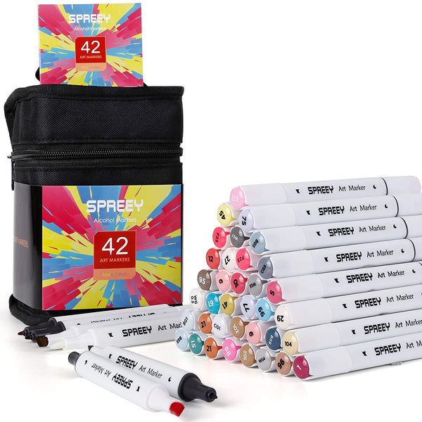 Paquete de 42 marcadores de alcohol con caja de regalo de almacenamiento, tinta hecha en Japón. SPREEY Rotuladores de doble punta para principiantes, estudiantes y artistas aficionados para bocetos, colorear e ilustrar adultos - Arteztik