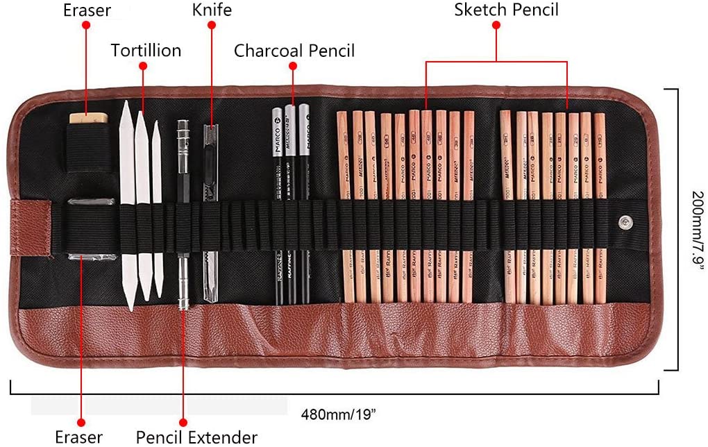 Juego de lápices de dibujo, 38 paquetes de suministros de arte con lápices  de dibujo de doble extremo, lápices de color carbón, envoltura de lienzo