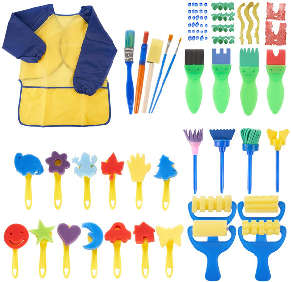 YINASI - Kit de pintura para niños, 31 piezas de esponja de aprendizaje temprano, kit de pinceles para niños pequeños, patrón surtido, incluye delantal impermeable para pintura artística - Arteztik