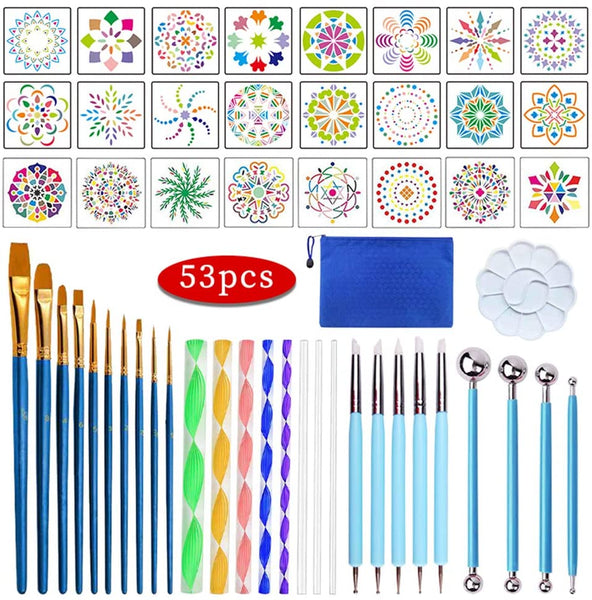 Juego de 53 herramientas de punteado de mandala, kit de herramientas de pintura, incluye plantilla de puntos, bolígrafo de bola, pinceles de pintura y bandeja para arcilla, manualidades de cerámica, pintura de rocas, colorear, dibujo artístico - Arteztik