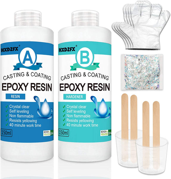 Kit de resina epoxi con revestimiento de cristal transparente de 10.1 fl oz/11.5-2 piezas de resina de fundición para arte, artesanía, joyería, mesas de río, guantes, taza de medición y palos de madera - Arteztik