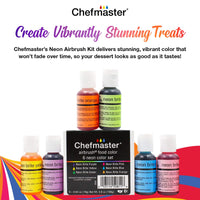 Chefmaster – Kit de aerógrafo de neón – Airbrush Food Coloring – Paquete de 6 – altamente pigmentado, colores vibrantes, funciona con cualquier herramienta de aerógrafo, colores resistentes a la decoloración - Arteztik
