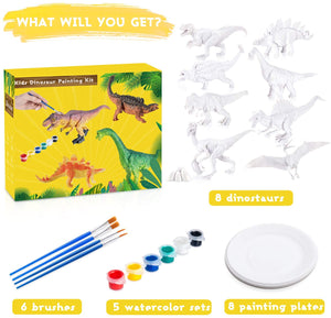 Kit de pintura de dinosaurios para niños – 8 juguetes de dinosaurio de pintura para niños + 5 acuarelas + 4 cepillos + 8 platos de pintura, juego de pintura de dinosaurio 3D, artes y manualidades para niños – Pinta tus propias manualidades de dinosaurio - Arteztik