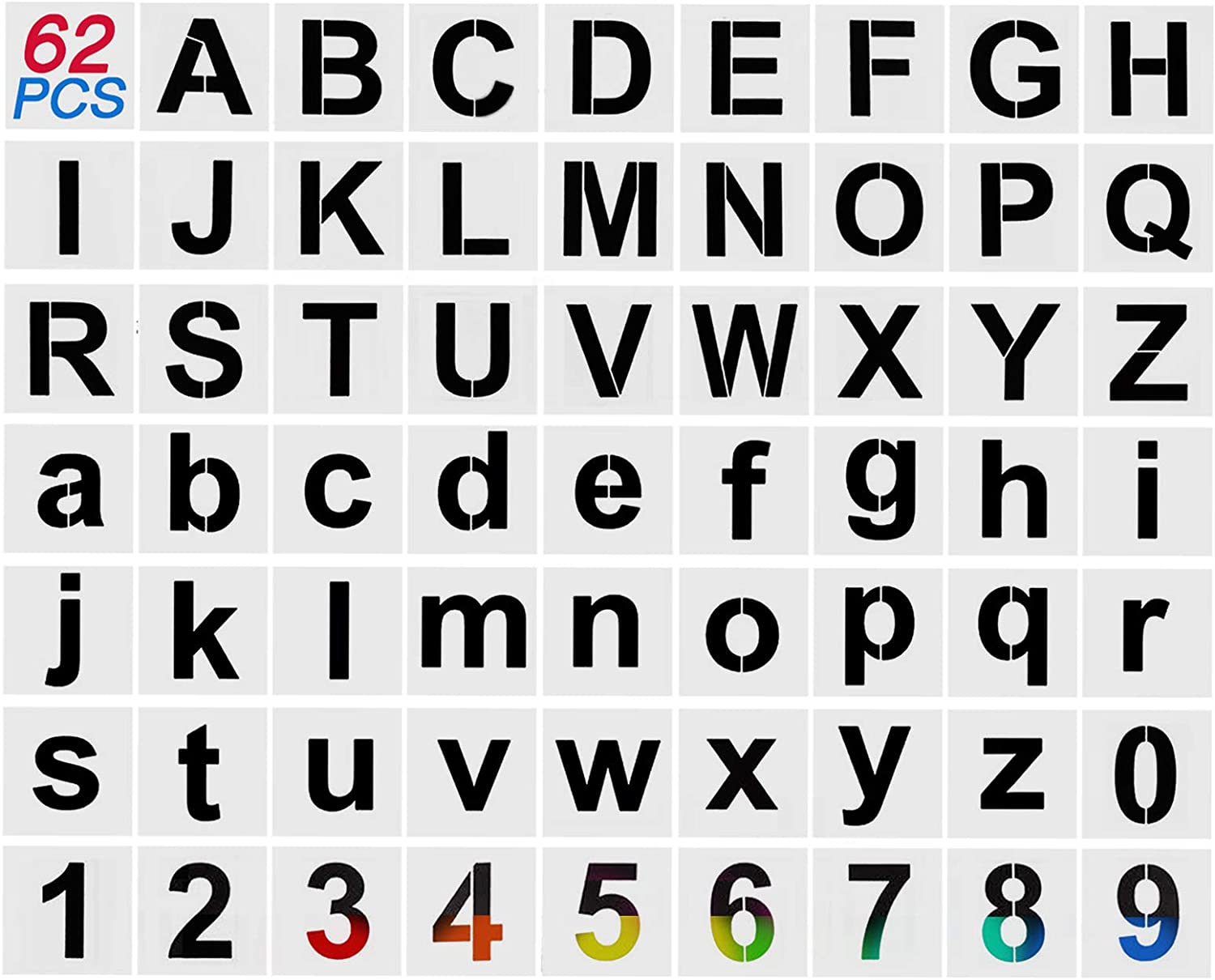 Plantillas de letras de 3.0 in, 62 plantillas de números de letra grandes  para pintar en madera, plantilla de alfabeto reutilizable para tela, pared
