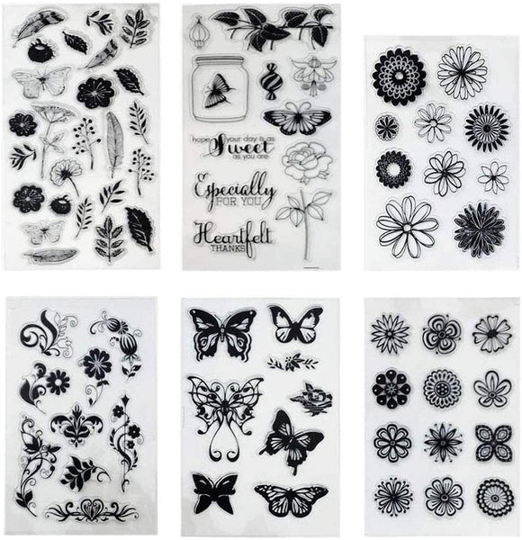 hyamass Pack de 6 hojas mezcla Estilo Flores Y Mariposas Claro Sello de hule para hacer tarjetas decoración y scrapbooking - Arteztik