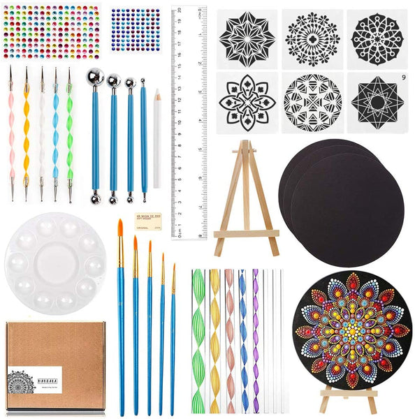 Mandala Juego de herramientas de punteado con plantillas de mandala, cartón, mini caballete, pegatinas de diamante, bandeja de pintura para pintar rocas, colorear, dibujar y dibujar - Arteztik