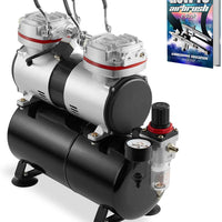 PointZero Compresor de aerógrafo de doble pistón 1/3 HP con tanque de aire, regulador, medidor y trampa de agua – silenciosa bomba profesional - Arteztik