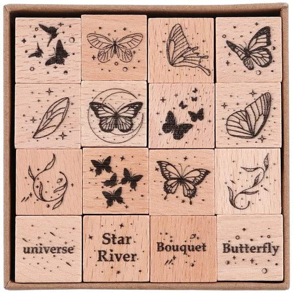 Risypisy - Juego de 16 sellos de goma de madera, diseño vintage del universo y galaxia, sellos de goma para manualidades y manualidades, diarios de balas, tarjetas, álbumes de recortes - Arteztik