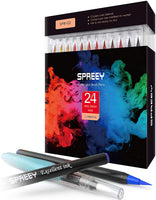 SPREEY Watercolor Brush Pens 24colors with Bonus Refillable Water Brush Highly Water-Soluble Ink Made in Japan for Painting, Coloring, and Watercolor Effects, for Adults and Kids - Arteztik
