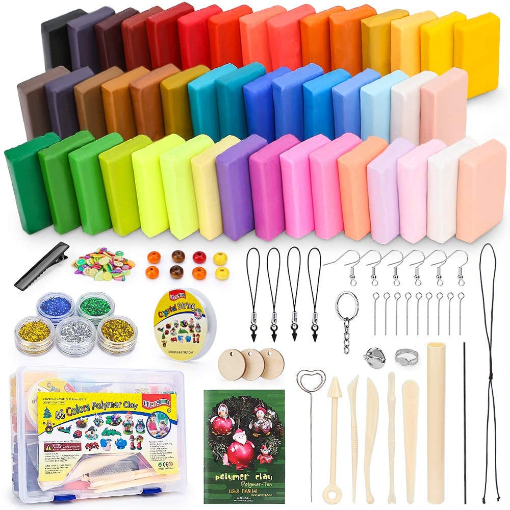 ifergoo Kit de iniciación de arcilla polimérica, 46 colores para horno, arcilla para modelar bricolaje, 5 herramientas de escudo, 5 colores de mica, 40 accesorios de joyería para niños y adultos - Arteztik