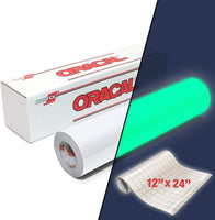 ORACAL 9300 Hi-Energy Glow in the Dark - Rollo de vinilo fundido luminiscente de 11.8 in para silueta, cameo y grricut, incluye rollo de papel transparente de transferencia de 12.0 in x 23.9 in (12 x 12 pulgadas) - Arteztik
