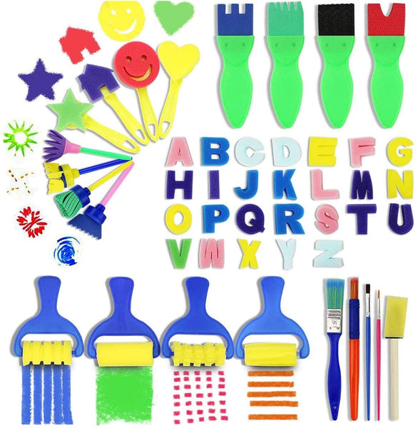 Kit de pintura de aprendizaje temprano para niños, brochas de pintura de esponja para niños, para aprender a hacer tú mismo, incluye esponja de espuma con patrón de flores y 26 alfabetos ingleses, 47 piezas - Arteztik