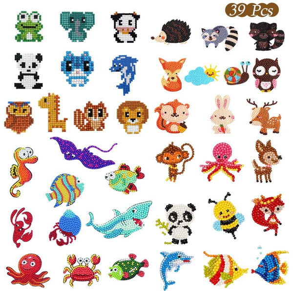 39Pcs 5D Diamond Painting Stickers Kits for Kids, Creatiee DIY Art Craft Animal & Sea World Painting with Diamonds, Paint by Numbers Diamonds for Children Adult Beginners - Funny & Colorful - Arteztik