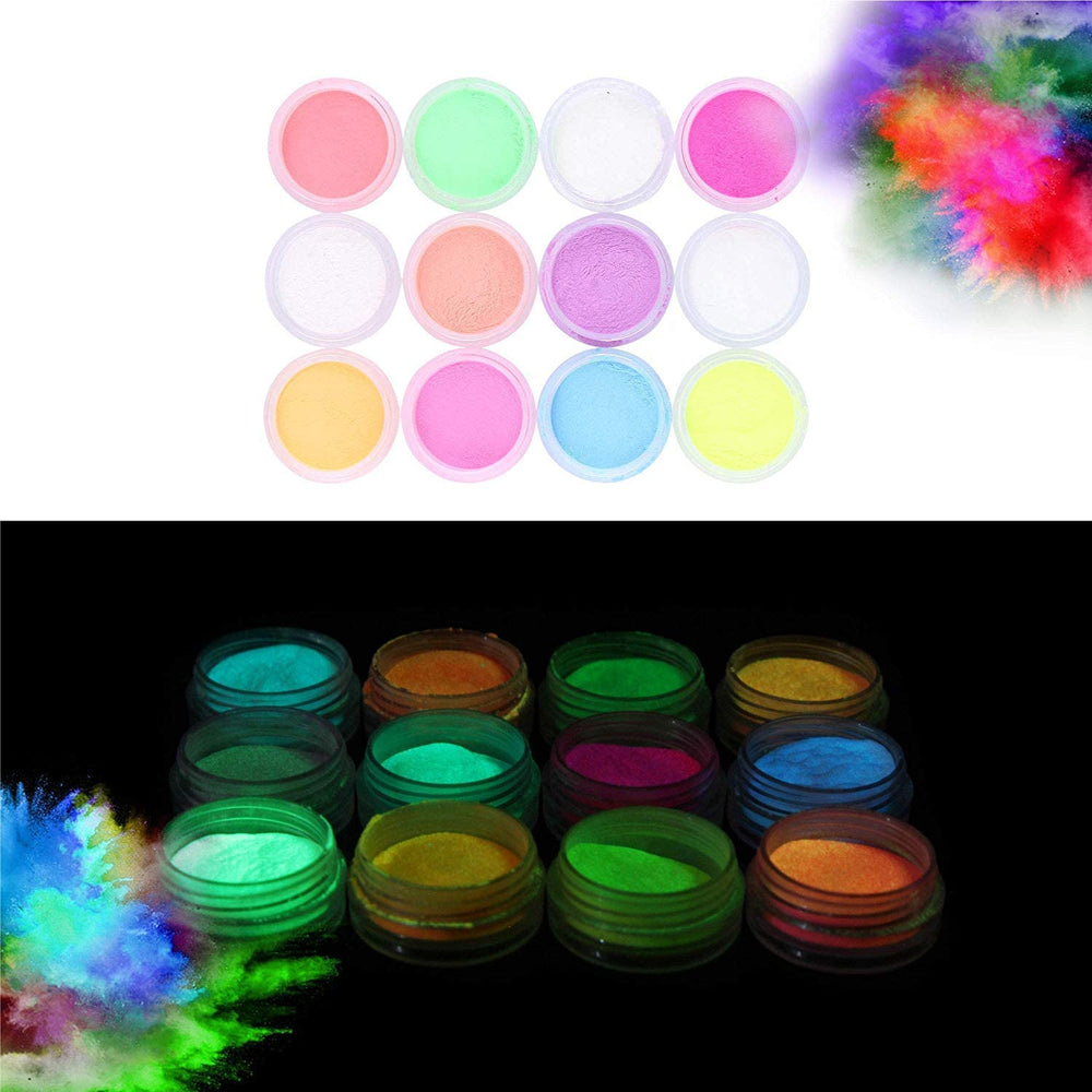 Polvo brillante en la oscuridad – (paquete de 12) pigmento luminoso en polvo fluorescente UV neón cambio de color luminiscente fosforescente termocrómico tinte polvo Glo para uñas de limo Resina Pintura acrílica Tinta no tóxica - Arteztik