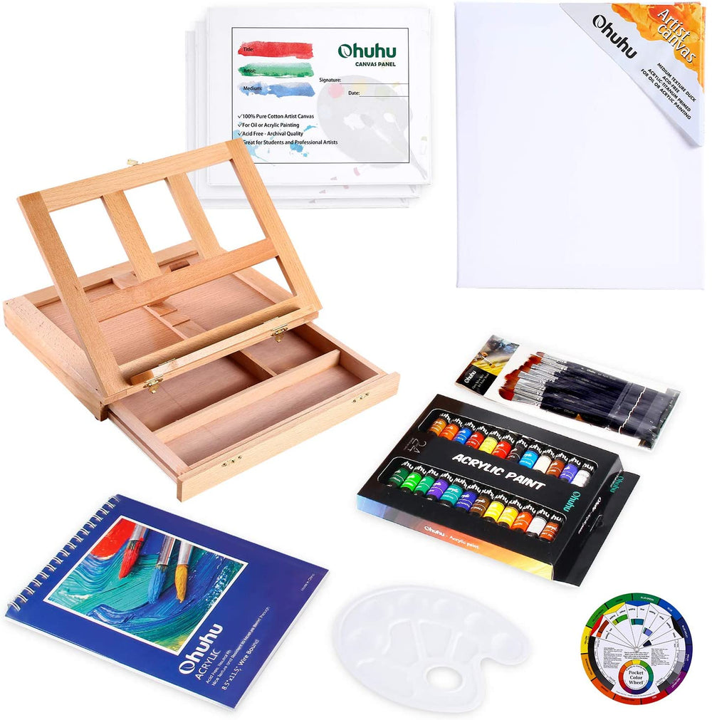  KEFF Kit de pintura acrílica, juego de pintura acrílica para  adultos y niños con caballete de arte de mesa, suministros de kit de pintura,  paneles de lienzo, lienzo estirado, pinceles y