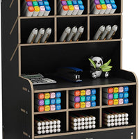 Marbrasse Wooden Pencil Pen Holder, Pen Organizer for Desk, 15 Compartments + Drawer, Desktop Stationary Organizer Caddy, Easy Assembly, Home Office Art Supply Organizer Storage (Black) - Arteztik