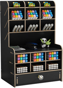 Marbrasse Wooden Pencil Pen Holder, Pen Organizer for Desk, 15 Compartments + Drawer, Desktop Stationary Organizer Caddy, Easy Assembly, Home Office Art Supply Organizer Storage (Black) - Arteztik