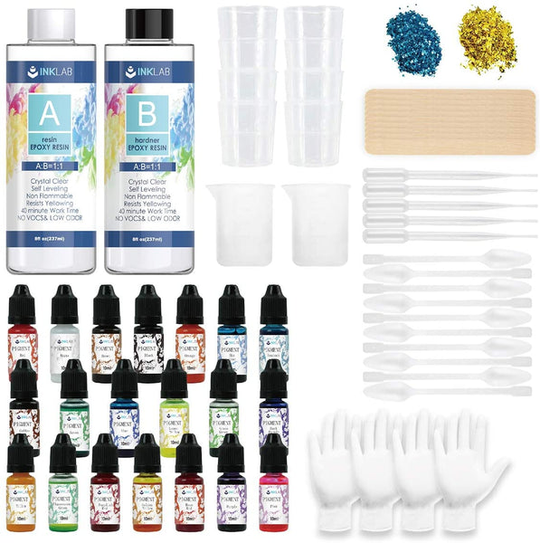 Resina epoxi Crystal Clear Kit 14 Oz Recubrimiento Resina Fundición Paquete con Pigmento de Resina para Joyerías, Artesanías, Varillas de Mezcla, Tazas de Silicona, Guantes, Pipetas - Arteztik