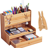 Marbrasse - organizador de escritorio de madera, multifuncional, caja de soporte para bolígrafos, papelería de escritorio, fácil de montar, estante de almacenamiento para suministros de oficina en casa-oficina con cajón - Arteztik