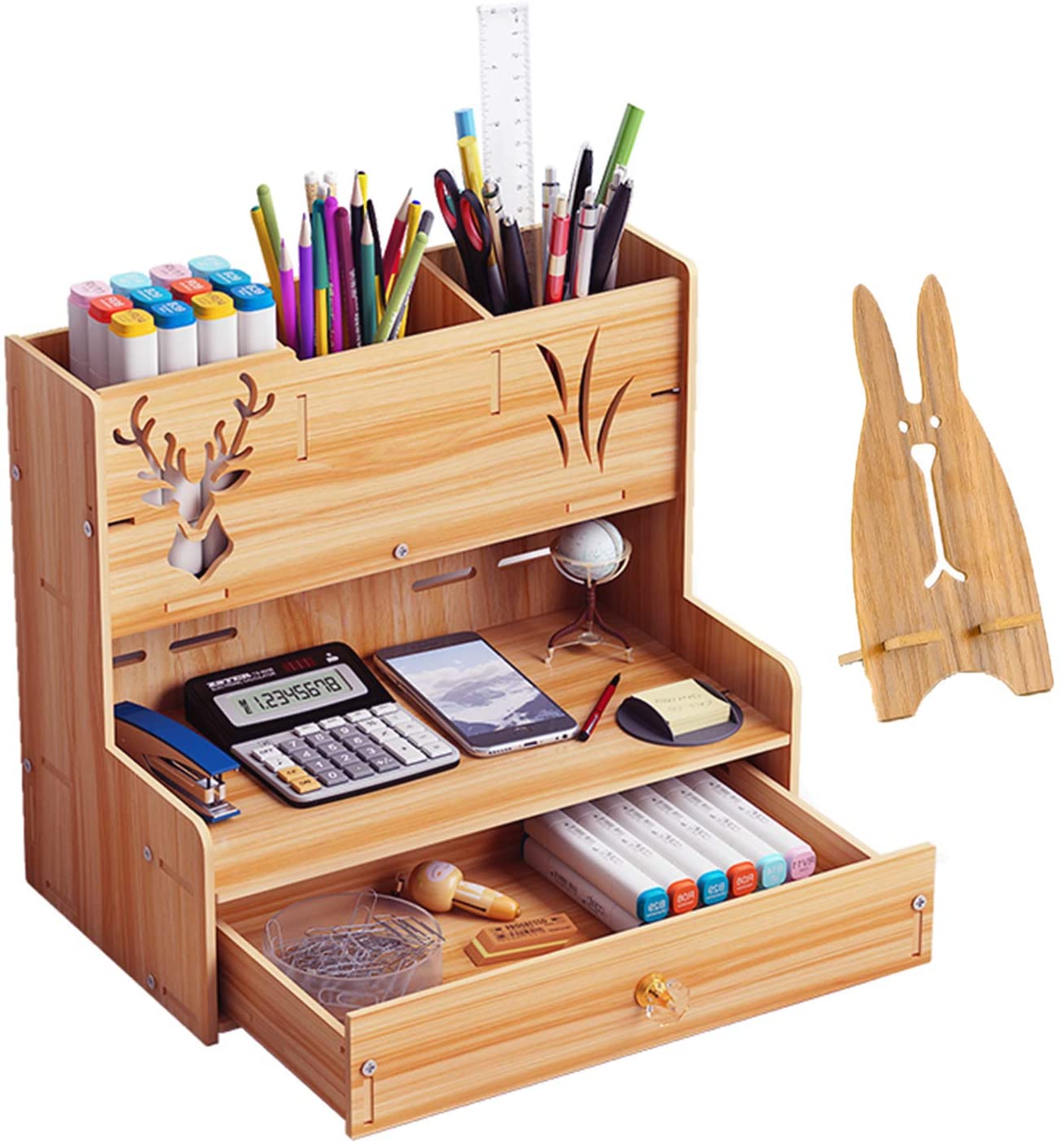 Organizador de escritorio de madera con lapicero y compartimentos
