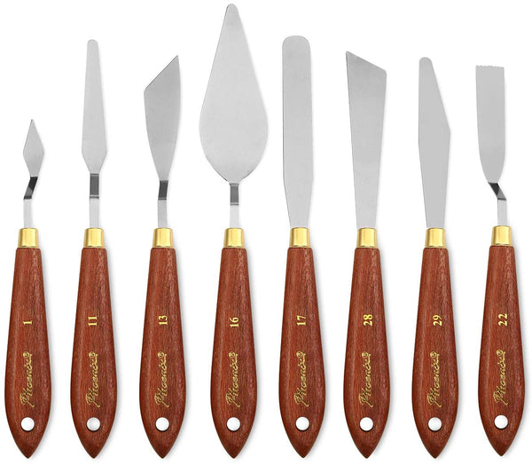 DerBlue Juego de 8 cuchillos de paleta de artista de acero inoxidable, espátula, paleta, cuchillo, rascador de mezcla, herramientas de arte delgadas y flexibles para pintura al óleo, mezcla acrílica, etc. (8 piezas) - Arteztik