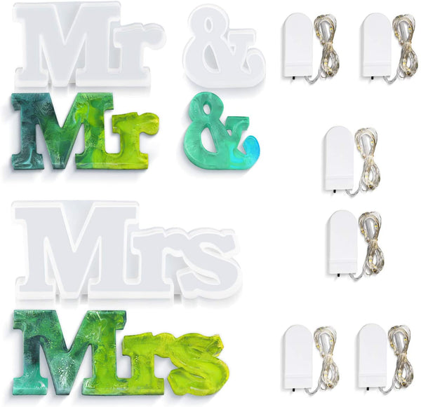 Richoose - Molde para letreros de palabras para señor y señora (9 unidades, 3 unidades), diseño de letras de resina de silicona con 6 luces de cadena para bricolaje y resina epoxi - Arteztik