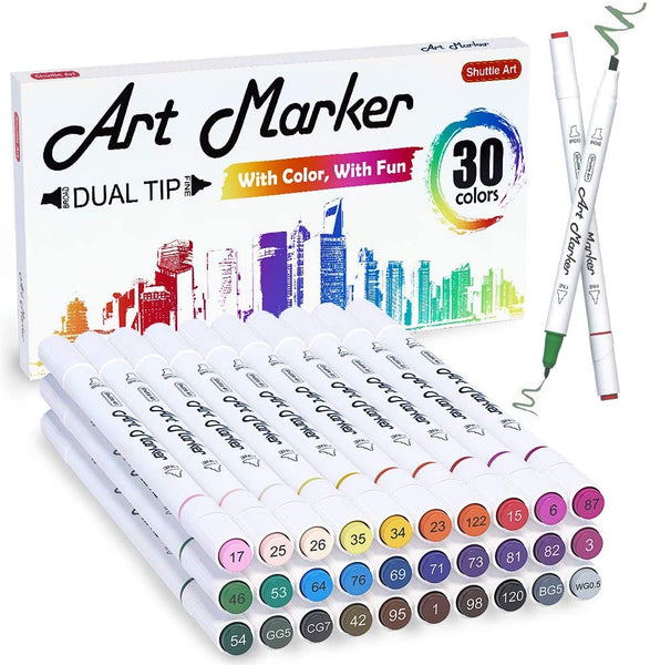 Marcadores de alcohol de doble punta de 30 colores, marcadores de alcohol de Shuttle Art perfectos para niños adultos para colorear libros de dibujo y fabricación de tarjetas - Arteztik