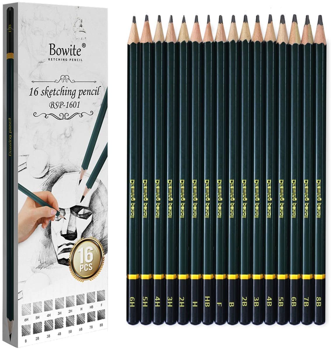 Juego de 16 lápices de dibujo Bowite para dibujar 8B, 7B, 6B, 5B, 4B, 3B,  2B, B, F, HB, H, 2H, 3H, 4H, 5H, 6H para principiantes o artistas