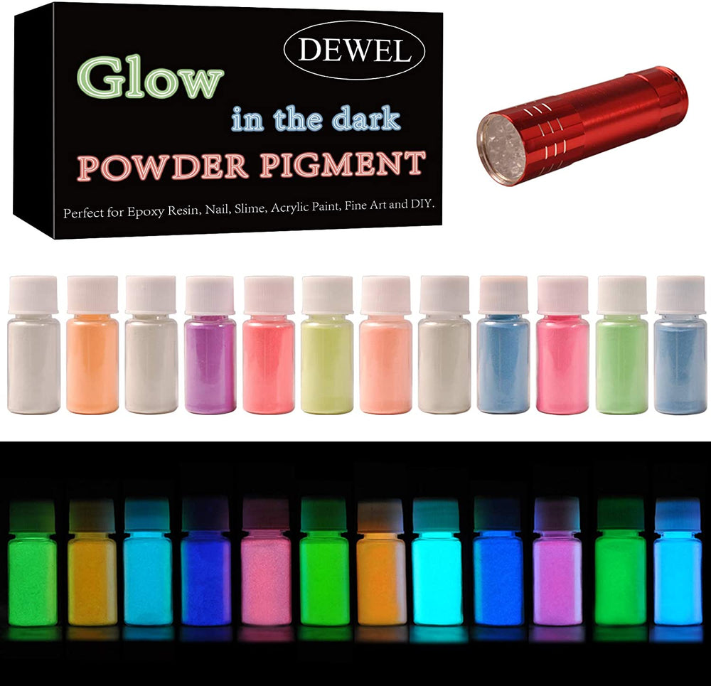 DEWEL 12 Color Pack Glow in The Dark Pigment Powder - 20g Each, 240 g Total - Arteztik