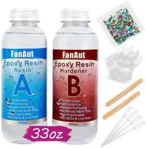 FanAut Kit de resina epoxi y endurecedor de 33 onzas para joyería, arte, manualidades, 2 piezas de resina epoxi transparente con 4 cuentagotas, 2 palos, 2 pares de guantes y 1 paquete de purpurina de resina - Arteztik