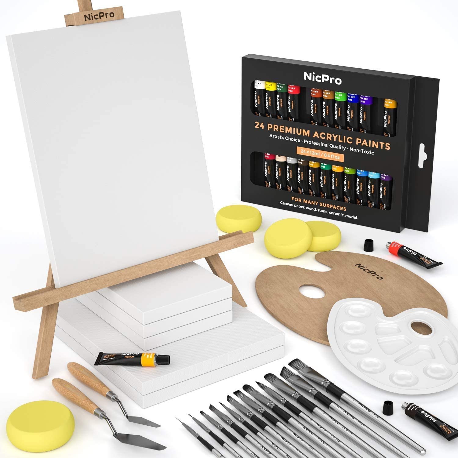  KEFF Creations - Juego de pinceles de pintura acrílica, kit de  15 pinceles de artista premium, juego de 24 pinturas acrílicas, kit de  pinceles para lienzo, madera, tela, gran juego de